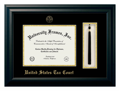 United States Tax Court Diploma with Tassel Box Frame in Satin Black with Black & Gold Mats for document: 8 1/2"h x 11"w  