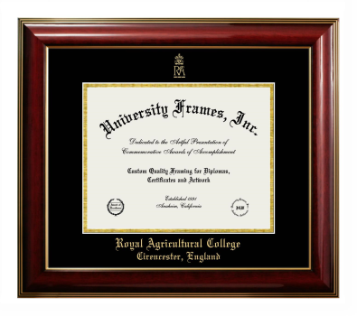 Royal Agricultural College Cirencester, England Diploma Frame in Classic Mahogany with Gold Trim with Black & Gold Mats for DOCUMENT: 8 1/2"H X 11"W  