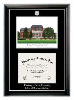 Mississippi State University College of Veterinary Medicine Double Opening with Campus Image (Stacked) Frame in Classic Ebony with Silver Trim with Black & Silver Mats for document: 8 1/2"h x 11"w  