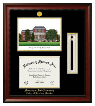 Mississippi State University College of Veterinary Medicine Double Opening with Campus Image & Tassel Box (Stacked) Frame in Avalon Mahogany with Black & Gold Mats for document: 8 1/2"h x 11"w  