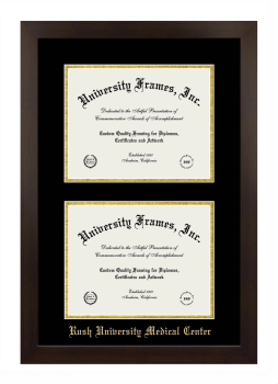 Rush University Medical Center Double Degree (Stacked) Frame in Manhattan Espresso with Black & Gold Mats for document: 8 1/2"h x 11"w  , document: 8 1/2"h x 11"w  