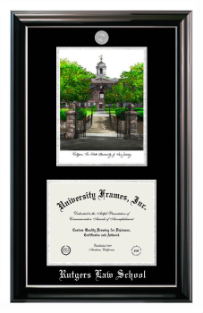 Rutgers Law School Double Opening with Campus Image (Stacked) Frame in Classic Ebony with Silver Trim with Black & Silver Mats for DOCUMENT: 8 1/2"H X 11"W  