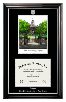 Rutgers The State University of New Jersey Double Opening with Campus Image (Stacked) Frame in Classic Ebony with Silver Trim with Black & Silver Mats for DOCUMENT: 8 1/2"H X 11"W  