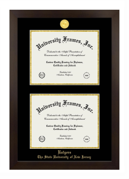 Rutgers The State University of New Jersey Double Degree (Stacked) Frame in Manhattan Espresso with Black & Gold Mats for DOCUMENT: 8 1/2"H X 11"W  , DOCUMENT: 8 1/2"H X 11"W  