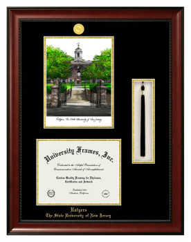 Rutgers The State University of New Jersey Double Opening with Campus Image & Tassel Box (Stacked) Frame in Avalon Mahogany with Black & Gold Mats for DOCUMENT: 8 1/2"H X 11"W  