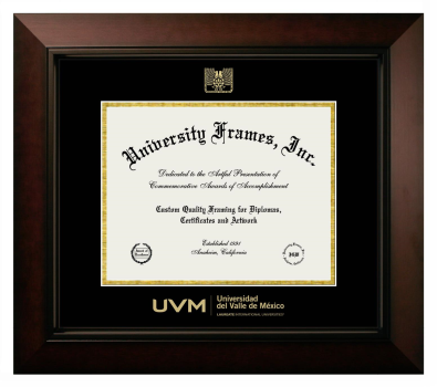 Universidad del Valle del Mexico Diploma Frame in Legacy Black Cherry with Black & Gold Mats for document: 8 1/2"h x 11"w  