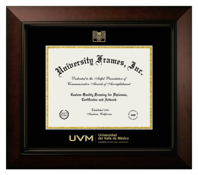 Universidad del Valle del Mexico Diploma Frame in Legacy Black Cherry with Black & Gold Mats for DOCUMENT: 8 1/2"H X 11"W  
