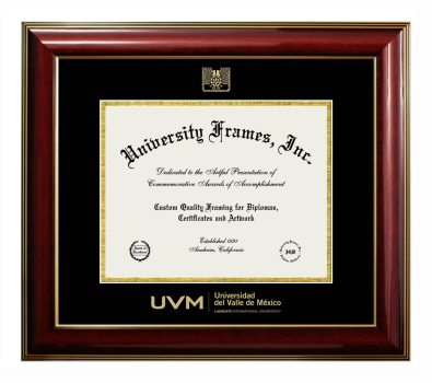 Universidad del Valle del Mexico Diploma Frame in Classic Mahogany with Gold Trim with Black & Gold Mats for document: 8 1/2"h x 11"w  