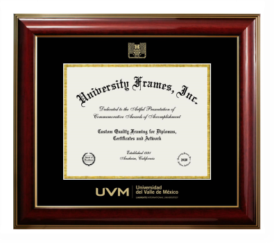 Universidad del Valle del Mexico Diploma Frame in Classic Mahogany with Gold Trim with Black & Gold Mats for DOCUMENT: 8 1/2"H X 11"W  