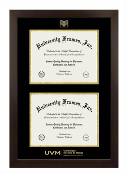 Universidad del Valle del Mexico Double Degree (Stacked) Frame in Manhattan Espresso with Black & Gold Mats for document: 8 1/2"h x 11"w  , document: 8 1/2"h x 11"w  