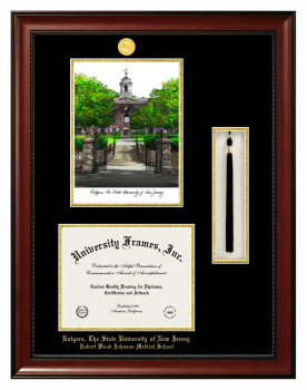 Rutgers The State University of New Jersey Robert Wood Johnson Medical School Double Opening with Campus Image & Tassel Box (Stacked) Frame in Avalon Mahogany with Black & Gold Mats for document: 8 1/2"h x 11"w  