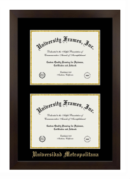Universidad Metropolitana Double Degree (Stacked) Frame in Manhattan Espresso with Black & Gold Mats for document: 8 1/2"h x 11"w  , document: 8 1/2"h x 11"w  