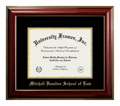 Mitchell Hamline School of Law Diploma Frame in Classic Mahogany with Gold Trim with Black & Gold Mats for DOCUMENT: 8 1/2"H X 11"W  