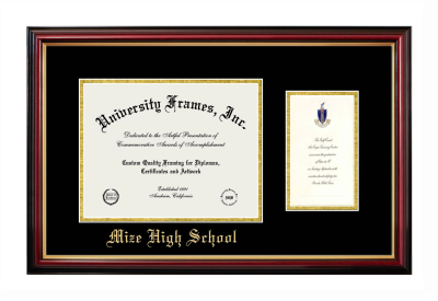 Mize High School Diploma with Announcement Frame in Petite Mahogany with Gold Trim with Black & Gold Mats for document: 8 1/2"h x 11"w  , diploma: 7"h x 4"w  