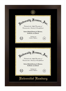 Universitat Hamburg Double Degree (Stacked) Frame in Manhattan Espresso with Black & Gold Mats for document: 8 1/2"h x 11"w  , document: 8 1/2"h x 11"w  