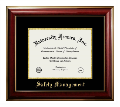 Safety Management Diploma Frame in Classic Mahogany with Gold Trim with Black & Gold Mats for DOCUMENT: 8 1/2"H X 11"W  
