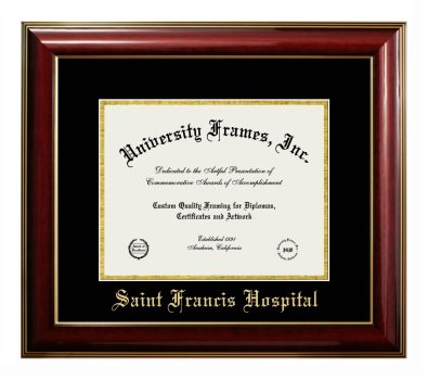 Saint Francis Hospital Diploma Frame in Classic Mahogany with Gold Trim with Black & Gold Mats for DOCUMENT: 8 1/2"H X 11"W  