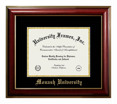 Monash University Diploma Frame in Classic Mahogany with Gold Trim with Black & Gold Mats for DOCUMENT: 8 1/2"H X 11"W  