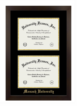 Monash University Double Degree (Stacked) Frame in Manhattan Espresso with Black & Gold Mats for document: 8 1/2"h x 11"w  , document: 8 1/2"h x 11"w  