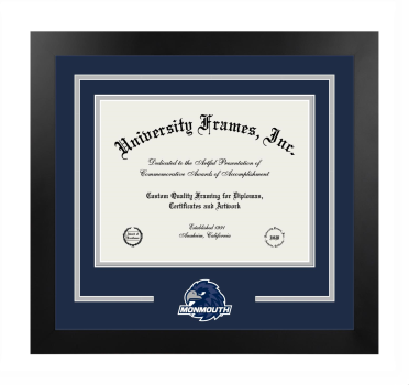 Monmouth University Logo Mat Frame in Manhattan Black with Navy Blue & Gray Mats for DOCUMENT: 8 1/2"H X 11"W  