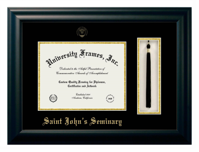 Saint John’s Seminary Diploma with Tassel Box Frame in Satin Black with Black & Gold Mats