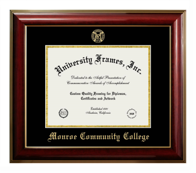 Monroe Community College Diploma Frame in Classic Mahogany with Gold Trim with Black & Gold Mats for document: 8 1/2"h x 11"w  