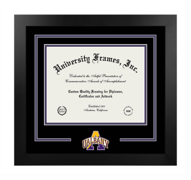 University at Albany State University of New York Logo Mat Frame in Manhattan Black with Black & Purple Mats for DOCUMENT: 8 1/2"H X 11"W  