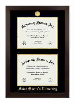 Saint Martin's University Double Degree (Stacked) Frame in Manhattan Espresso with Black & Gold Mats for document: 8 1/2"h x 11"w  , document: 8 1/2"h x 11"w  