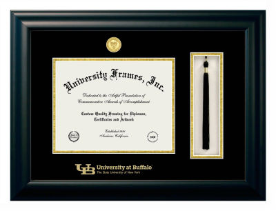 University at Buffalo The State University of New York Diploma with Tassel Box Frame in Satin Black with Black & Gold Mats for  9 3/4"h x 12 1/2"w  