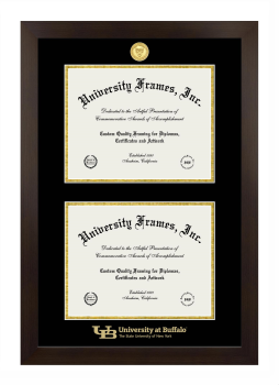 University at Buffalo The State University of New York Double Degree (Stacked) Frame in Manhattan Espresso with Black & Gold Mats for DOCUMENT: 8 1/2"H X 11"W  , DOCUMENT: 8 1/2"H X 11"W  