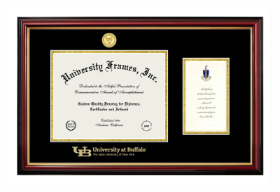 Diploma with Announcement Frame in Petite Mahogany with Gold Trim with Black & Gold Mats for DOCUMENT: 8 1/2"H X 11"W  ,  7"H X 4"W  