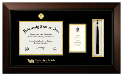 University at Buffalo The State University of New York Diploma with Announcement & Tassel Box Frame in Legacy Black Cherry with Black & Gold Mats for  9 3/4"h x 12 1/2"w  , diploma: 7"h x 4"w  