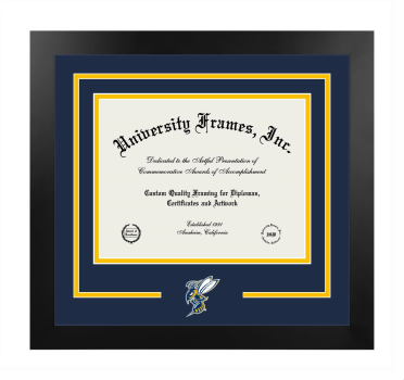 Montana State University - Billings City College Logo Mat Frame in Manhattan Black with Navy Blue & Amber Mats for document: 8 1/2"h x 11"w  