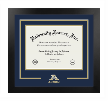 University of Akron Logo Mat Frame in Manhattan Black with Navy Blue & Tan Mats for DOCUMENT: 8 1/2"H X 11"W  