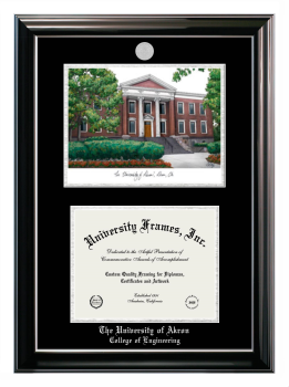 University of Akron College of Engineering Double Opening with Campus Image (Stacked) Frame in Classic Ebony with Silver Trim with Black & Silver Mats for document: 8 1/2"h x 11"w  