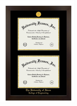 University of Akron College of Engineering Double Degree (Stacked) Frame in Manhattan Espresso with Black & Gold Mats for document: 8 1/2"h x 11"w  , document: 8 1/2"h x 11"w  
