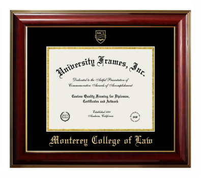 Monterey College of Law Diploma Frame in Classic Mahogany with Gold Trim with Black & Gold Mats for DOCUMENT: 8 1/2"H X 11"W  