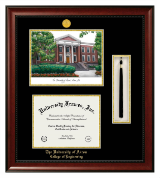 University of Akron College of Engineering Double Opening with Campus Image & Tassel Box (Stacked) Frame in Avalon Mahogany with Black & Gold Mats for document: 8 1/2"h x 11"w  