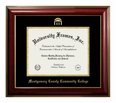 Montgomery County Community College Diploma Frame in Classic Mahogany with Gold Trim with Black & Gold Mats for DOCUMENT: 8 1/2"H X 11"W  