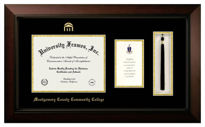 Montgomery County Community College Diploma with Announcement & Tassel Box Frame in Legacy Black Cherry with Black & Gold Mats for document: 8 1/2"h x 11"w  , diploma: 7"h x 4"w  