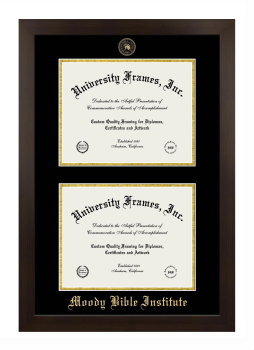 Moody Bible Institute Double Degree (Stacked) Frame in Manhattan Espresso with Black & Gold Mats for document: 8 1/2"h x 11"w  , document: 8 1/2"h x 11"w  