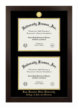 Sam Houston State University College of Arts and Sciences Double Degree (Stacked) Frame in Manhattan Espresso with Black & Gold Mats for document: 8 1/2"h x 11"w  , document: 8 1/2"h x 11"w  
