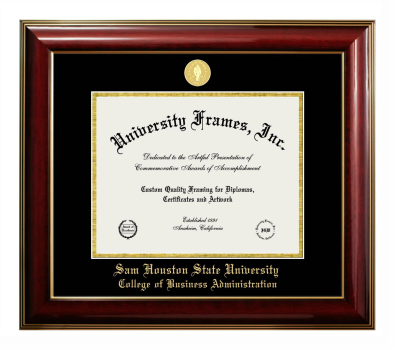 Sam Houston State University College of Business Administration Diploma Frame in Classic Mahogany with Gold Trim with Black & Gold Mats for document: 8 1/2"h x 11"w  