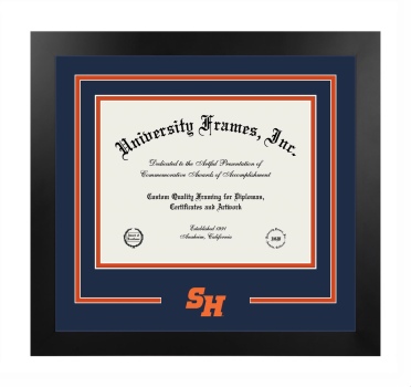 Sam Houston State University College of Business Administration Logo Mat Frame in Manhattan Black with Navy Blue & Orange Mats for document: 8 1/2"h x 11"w  