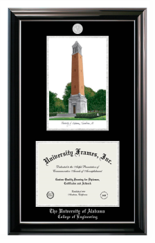 University of Alabama (Tuscaloosa) College of Engineering Double Opening with Campus Image (Stacked) Frame in Classic Ebony with Silver Trim with Black & Silver Mats for document: 8 1/2"h x 11"w  
