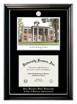 Sam Houston State University College of Business Administration Double Opening with Campus Image (Stacked) Frame in Classic Ebony with Silver Trim with Black & Silver Mats for document: 8 1/2"h x 11"w  