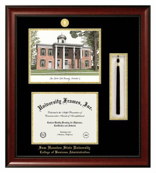Sam Houston State University College of Business Administration Double Opening with Campus Image & Tassel Box (Stacked) Frame in Avalon Mahogany with Black & Gold Mats for document: 8 1/2"h x 11"w  