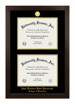 Sam Houston State University College of Education Double Degree (Stacked) Frame in Manhattan Espresso with Black & Gold Mats for document: 8 1/2"h x 11"w  , document: 8 1/2"h x 11"w  