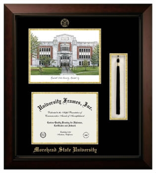 Morehead State University Double Opening with Campus Image & Tassel Box (Stacked) Frame in Legacy Black Cherry with Black & Gold Mats for  8 1/2"h x 11"w  