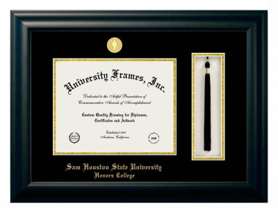 Sam Houston State University Honors College Diploma with Tassel Box Frame in Satin Black with Black & Gold Mats for DOCUMENT: 8 1/2"H X 11"W  